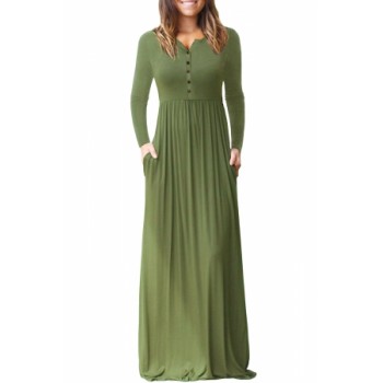 Red Long Sleeve Button Down Casual Maxi Dress Green Black Blue Army Green